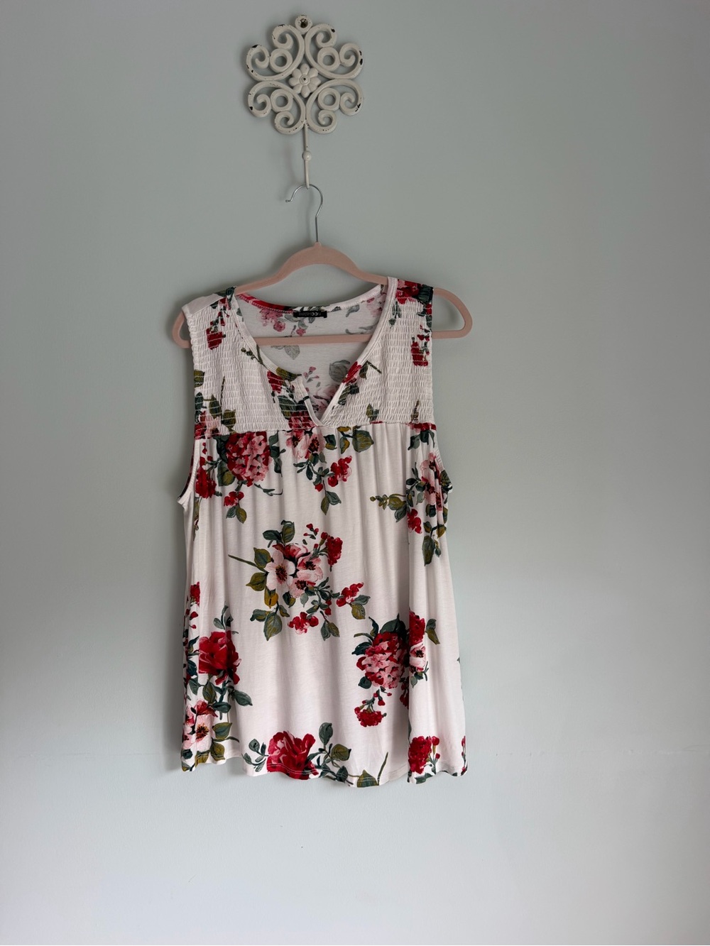 Papermoon White Floral V-Neck Top with Smocked Yoke